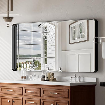 Bathroom Mirror 30x48 inch, Black Gorgeous Deep Frame Wall Mirror, Modern Round Corner Bathroom Vanity Mirror for Bedroom, Living Room, Hanging or Leaning Horizontal or Vertical, Black