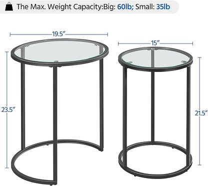 Yaheetech Round Nesting End Table Set of 2,Stacking Side Tables,Coffee Tables Set w/Metal Frame & Glass Top & Protective Foot Pads for Small Space, Living Room, Office- Black