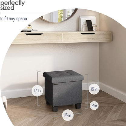 STORAGEBUD Storage Ottoman Cube with Small Bin, 16-in Square Ottoman with Storage for Living Room and Bedroom, Small Ottomans Foot Rest, Fabric Foot Stools Ottomans Max 330lbs, Grey