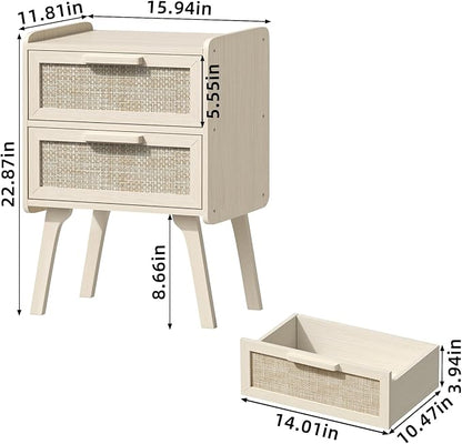 Lerliuo Rattan Nightstand, Boho Night Stand with 2 Drawers, Cane Accent Side End Table, Bedside Table with Solid Wood Legs for Bedroom, Dorm and Small Spaces (White)