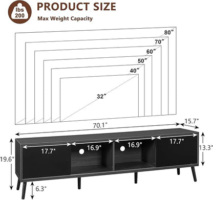 Clikuutory Mid Century Modern 70 Inch TV Stand with Two Large Storage Space for 50 55 60 65 70 75 80 Inch TVs, TV Console with Two Sliding Door, Entertainment Center for Bedroom, Grey