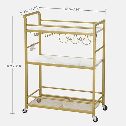 3 Tier Bar Cart, Home Bar Serving Cart with Wheels, Small Rolling Beverage Cart with Glass Holders, Mini Drink Cart with Wine Rack for Kitchen Dining Living Room Gold GBC507G