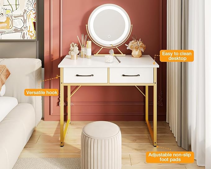 Casaottima 32 Inch Small Dressing Vanity Desk with 2 Drawers & Headphone Hook, Makeup Vanity Desk for Bedroom Without Mirror,Modern Space-Saving Design for Small Spaces White-Gold