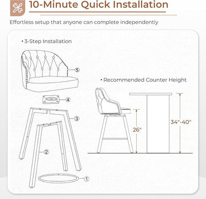 Tatub 26“ Brown Swivel Bar Stools Set of 2, Counter Height Bar Stools with Back, Upholstered Faux Leather Kitchen Barstools Counter Height for Kitchen Island