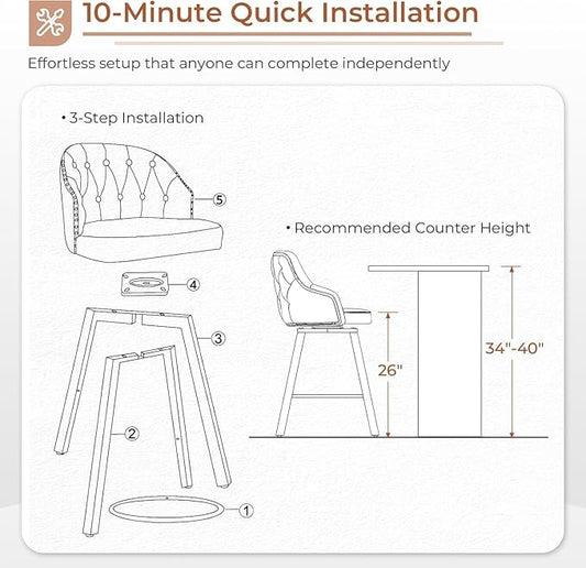 Tatub 26“ Brown Swivel Bar Stools Set of 2, Counter Height Bar Stools with Back, Upholstered Faux Leather Kitchen Barstools Counter Height for Kitchen Island