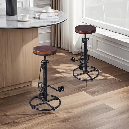 Set of 2 Industrial Bar Stool-Swivel Vintage Coffee Kitchen Dining Island Chair-Bike Pedal Footrest-Extra Tall Pub Height Adjustable 29-37"
