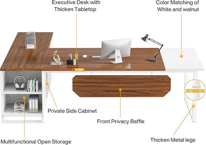 Tribesigns 70.8" L-Shaped Executive Desk with 55" File Cabinet, Large Home Office Computer Desk with Storage Shelves and Cabinet, Modern Business Furniture Set Home Office, Walnut White