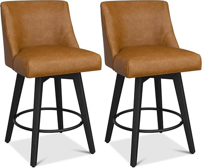 Counter Height Bar Stools Set of 2, Modern Swivel Barstools with Back and Wood Legs, Faux Leather Upholstered Counter Height Stools, 26" H Kitchen Island Stools, Home Bar, Whisky Brown