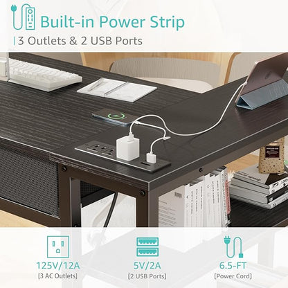 DLisiting Black Corner Desk for Small Space with Drawers, Reversible Gaming L Shaped Computer Desk with Storage Shelves for Kids Boys, Corner Work Study PC Desks for Bedroom
