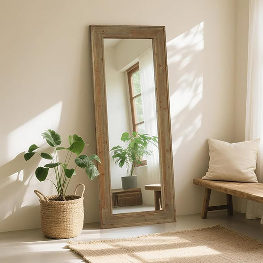 WallBeyond Full Length Mirror Rustic Wood Framed, 24 x 60 inch Farmhouse Wall Mounted Mirror Full Floor Mirror Hanging or Leaning Against Wall, Natural