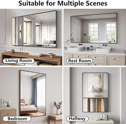 Bathroom Mirror 36x55 Black Bathroom Wall-Mounted Mirrors, Modern Vanity Mirror for Bedroom, Living Room, Aluminum Alloy Frame Allow to Hang Horizontally or Vertically