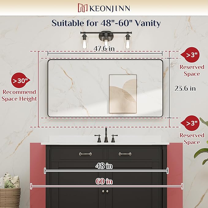Keonjinn Black Bathroom Mirror for Over Sink, 48 x 24 Inch Large Rounded Rectangle Bathroom Vanity Mirror, Matte Black Farmhouse Wall Mirror, Tempered Glass, Seamless Aluminum Alloy Frame Full Mirror