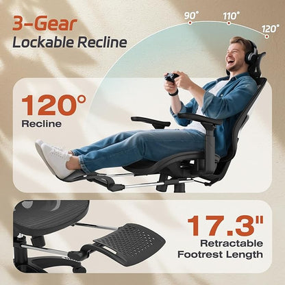 Ergonomic Office Chair, Mesh Desk Chair with Footrest, 3D Armrest - 215° Rotation, Adjustable Lumbar Support & Headrest, 90°-120° Tilt Lock, Big and Tall Computer Gaming Chairs, Black