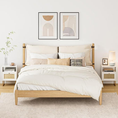 Rattan Nightstand, Mid Century Modern Night Stand,Boho Farmhouse Wood Bedside Table with Storage and Open Shelf, End Side Accent Table for Bedroom,Living Room,White