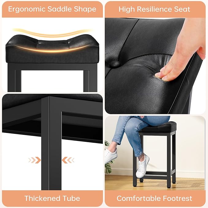 Dripex Backless Faux Leather Saddle Bar Stools Set of 2, 24 Inch Counter Height Barstools for Kitchen Island with 4" Thick Saddle Seats & Heavy Duty Metal Legs, Black