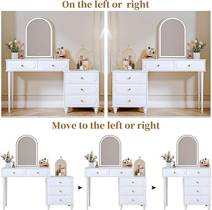 White,Vanity Desk with Mirror and Lights,Makeup Vanity with Power Outlet and Adjustable Cabinet,Modern Makeup Table with 3 Drawers for Bedroom Makeup Room