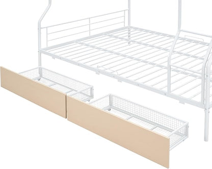 Full Over Queen Metal Bunk Bed with 2 Storage Drawers,Contemporary Iron-Crafted Bed Frame,w/Ladder & Full Length Gridded Guardrails,No Box Spring Needed,for Bedroom Guest Room,White