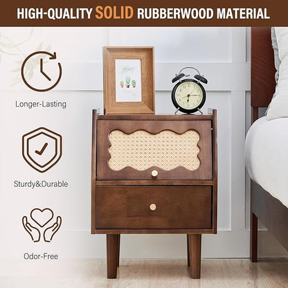 CozyDH Rattan Farmhouse Nightstand with Drawer, Solid Wood Nightstand, 21" Bedside Table for Bedroom Sofa Side, Wooden End Tables Living Room, Walnut