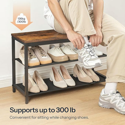 HOOBRO Shoe Bench, 3-Tier Shoe Rack with Oxford Fabric Shelves, 29.5" L Shoe Storage Organizer, Holds 6-8 Pairs of Shoes for Entryway and Hallway, Lightweight, Rustic Brown and Black BF77HX01