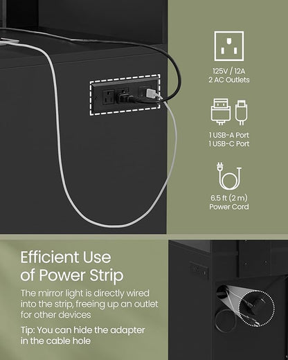 VASAGLE Vanity Desk with Mirror and Lights, 35.4-Inch Wide Makeup Vanity with Upholstered Vanity Stool, Power Outlets, Dimmable LED Lights, Storage Drawer, for Bedroom, Ink Black URDT128B01