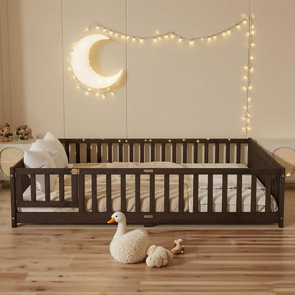Queen Size Floor Bed Frame with Slats and Safety Guardrail, Wood Queen Size Montessori Floor Bed with Door and Fence, Easy Assemble Montessori Beds for Kids, Girls, Boys, Espresso