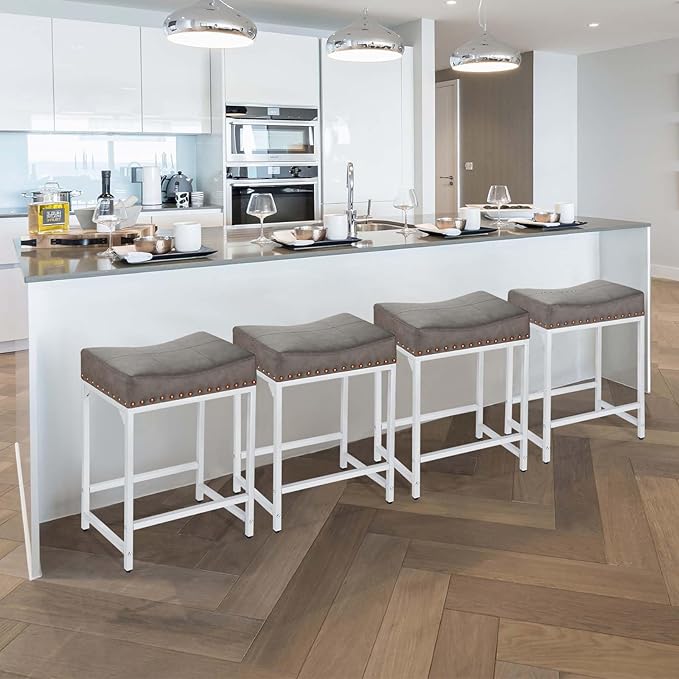 Bar Stools Set of 4, 24" Counter Height Bar Stools Set of 4 with Thick Saddle Cushion and Barstools Metal Frame, Modern Backless Saddle Counter Stools for Kitchen Island Bar Grey+White
