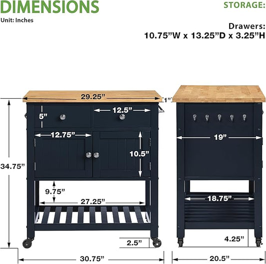 OSP Home Furnishings Stirling Farmhouse Kitchen Cart, Rolling Storage Cabinet with Drawers, Shelf, 5 Utility Hooks, Dark Blue with Natural Wood Top