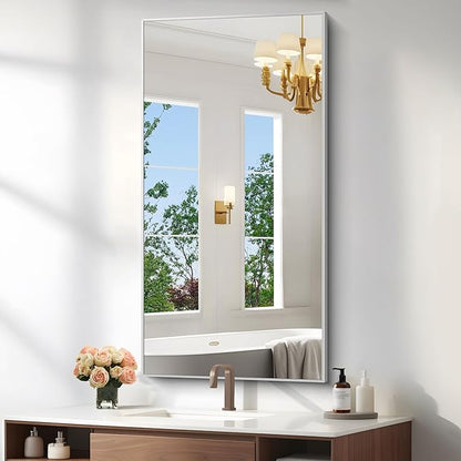 KOCUUY 24x48 Inch Large Silver Wall Mounted Mirror,Brushed Nickel Framed Rectangular Mirror for Wall Over Sink,Modern Design for Bedroom Living Room Bathroom,Functional Oversized Mirror