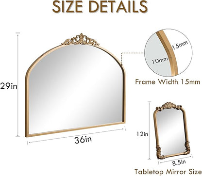 1 Set Vintage Mirror 36x29 Gold Antique Baroque Arched Ornate Traditional Brass Mirror and 8.5x12 Vintage Vanity Makeup Desk Table Mirror for Bathroom Entryway Living Room Hallway Fireplace