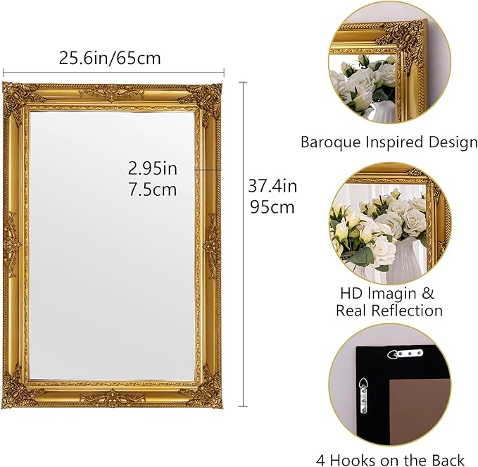 Large Antique Wall Decorative Mirror, 29.5" x 41" Gold Traditional Baroque Inspired Wall Decor Mirror, Vintage Wall Mirrors for Bedroom, Entryway, Dining Room, Fireplace