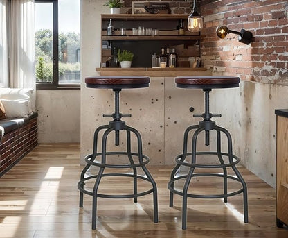 LOKKHAN Vintage Industrial Bar Stool-Rustic Swivel Bar Stool-Round Walnut Wood Metal Stool-Counter/Bar Height Adjustable Pipe Stool-Cast Steel Stool 23.62"-29.52" (Set of 2)
