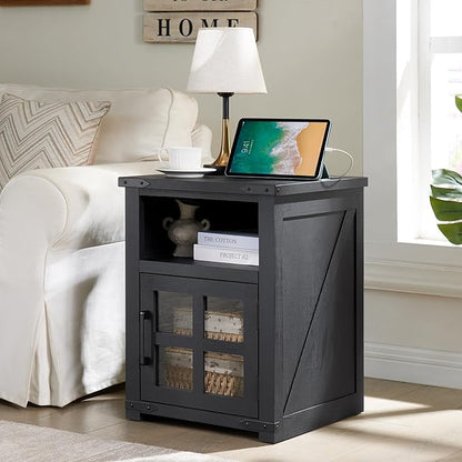 Farmhouse Nightstand with Charging Station, Rustic End Table with Tempered Glass Barn Door, Wood Sofa Side Bedside Table with Open Storage Shelf for Living Room, Bedroom (Black)