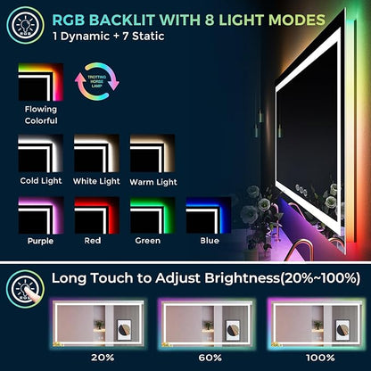 60x38 Inch RGB LED Bathroom Mirror Front Light and RGB Backlit Lighted Vanity Mirror for Bathroom Wall Mounted Dimmable Anti Fog Memory Shatter-Proof IP54 Waterproof Horizontal/Vertical