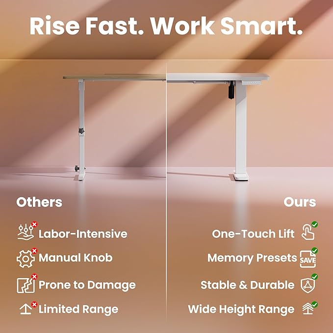HUANUO Electric Standing Desk, 63 x 24 Inch Height Adjustable Computer Desk with Storage Bag, 4 Height Memory Settings, Sit Stand Up Desk for Home Office, White