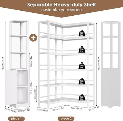 Keyluv 72" Tall Corner Bookshelf with Door, 6-Tier L Shaped Bookshelves and Bookcase with Storage Cabinet, 2 Pieces Individual Convertible Book Shelf, Display Shelf for Home Office Living Room, White