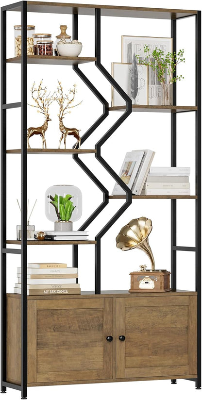 76" Tall Shelf with Storage Cabinet Doors, 6 Tier Open Bookshelf for Multi-use Display, Staggered Book Shelf Etagere Bookcase for Home Office/Living Room, Deep Metal & Wood Accent Shelf, Rustic Brown