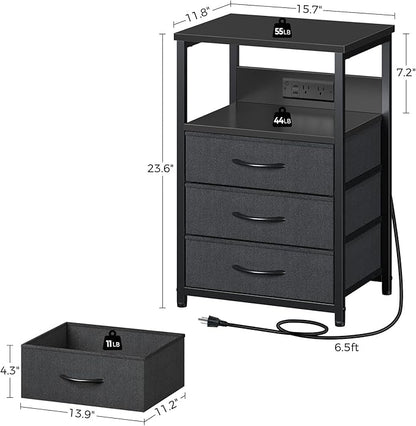 Seventable Nightstand with Charging Station and LED Light, Set of 2 Side Table with 3 Fabric Drawers, Bedside End Table with USB Ports and Outlets, Night Stand for Bedroom, Black