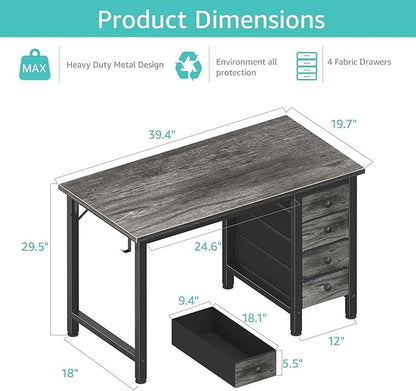 Lufeiya Small Gaming Desk with 4 Fabric Drawers, 40 Inch Kids Girls Teen Cute Study Desk for Bedroom, Work Computer Writing Table Desks for Small Space Home Office, Gray