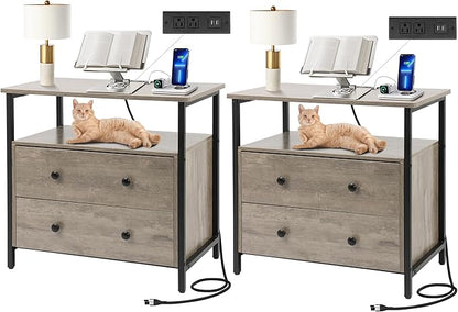 27 inch Wide Nightstand with Charging Station, Bedside Table with Open Shelf, 2 Drawers Small Wood Dresser, End Side Table for Bedroom (2 Pack,Rustic Gray)