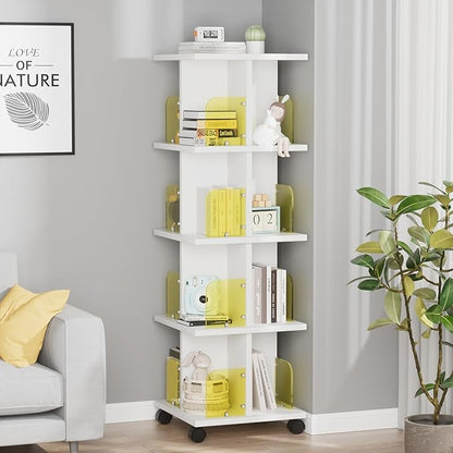 VECELO Rotating Bookshelf with Brake Wheels, 360°Display 4 Tier Floor Stackable Spinning-Bookshelf Tower for Kids&Adults, Revolving Bookcase for Small Space,Corner(White)