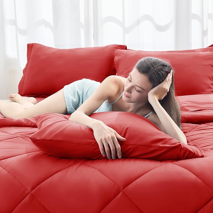 HEVUMYI Red Full Comforter Set - 7-Piece All Season Bed in a Bag Full, Ultra Soft Bedding Set with Comforter, Flat Sheet, Fitted Sheet, Pillowcases, Pillow Shams