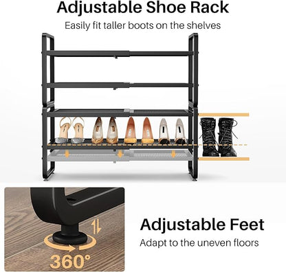 Shoe Rack - Expandable Shoe Organizer for Closet, Adjustable Metal Shoe Shelf Storage, 4 Tier Stackable Long Shoe Stand Holder for Garage, Entryway, Door Entrance, Black