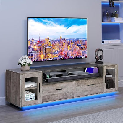 YITAHOME TV Stands for Living Room, Farmhouse TV Stand for 65/70 inch TV, LED TV Entertainment Center with Storage & Power Outlets, TV Console Cabinet, Rustic Grey