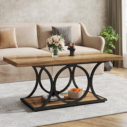 Tribesigns Rectangle Coffee Table, 47.24-inch Rustic Coffee Tables for Living Room, 2-Tier Farmhouse Wooden Coffee Table with Geometric Metal Legs, Home Furniture with Storage Shelf (Brown & Black)