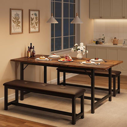 Dining Table Set for 4-6, 63“ Large Extendable Kitchen Table Set, Wood Rectangle Kitchen Table with 2 Soft Benches for Small Space, Apartment, Dinner,Saving Space, Retro Brown