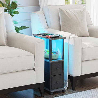 TUTOTAK Small Narrow End Tables, LED Side Tables with 2 Fabric Drawers, Set of 2, Bedside Tables with Charging Station for Small Spaces, Slim Nightstands with USB Ports and Wheels, TB01BY053L