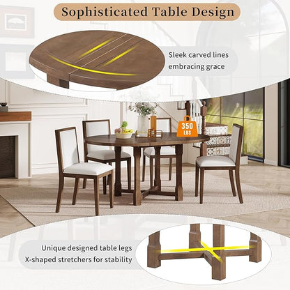 Merax 5-Piece Extendable Dining Table and 4 Upholstered Chairs, Round Oval Dining Table Set for 4, Wood MDF Kitchen Table Set with Removable Leaf for Dining Room, 42" to 58" (Brown)