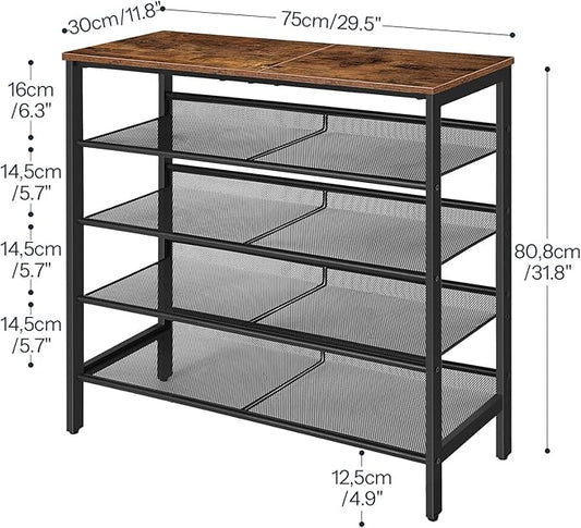 HOOBRO Shoe Rack for Entryway, 5-Tier Shoe Organizer with Adjustable Mesh Shelves, 16-20 Pairs of Shoes, Spacious Floor Mount, Metal, Industrial, Shoe Shelf for Closet, Rustic Brown BF12XJ01