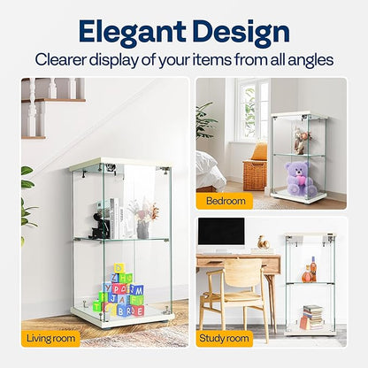VIVOHOME 2 Layers 15.7''W x 15.7''D x 31.9''H Glass Display Cabinet Showcase Countertop with Lock, Tempered Glass 25mm MDF Base