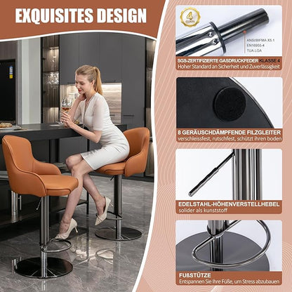 Black Titanium Stainless Steel Bar Stools,Grade Modern Leather Bar Chair with Backrest,Swivel Adjustable Height for Kitchen Counter and Dining Room (Brown Leather-1pc)